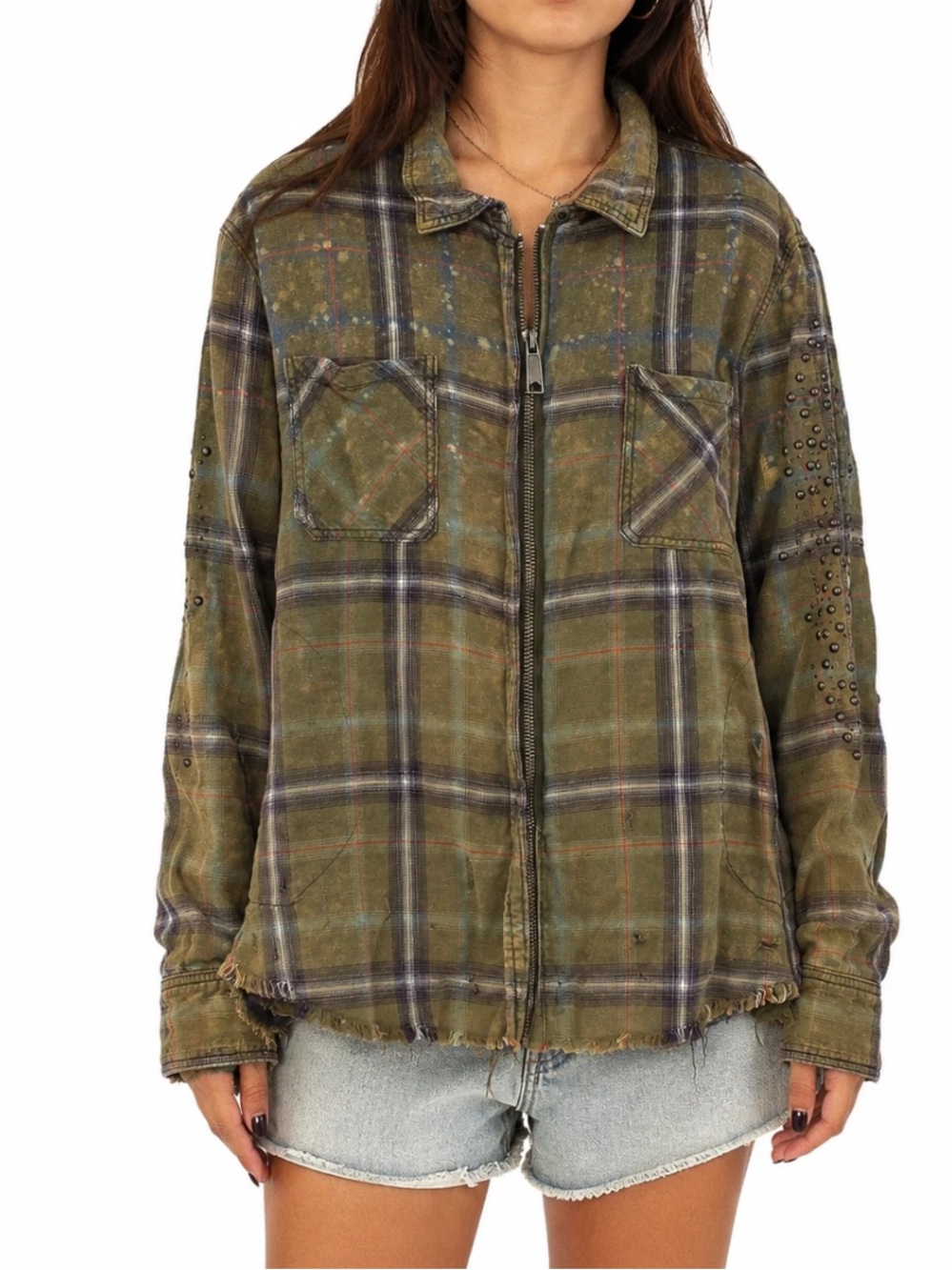 Free People Green Plaid Distressed Ripped Studded Zip-Up Jacket